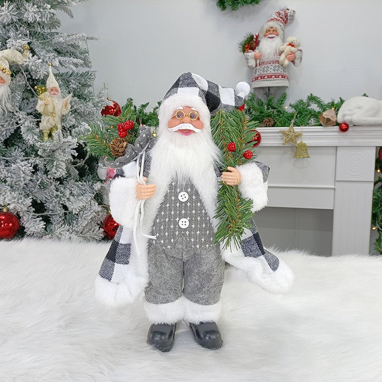Figurina Decorativa Mos Craciun cu Crenguta de Brad, Ornament Craciun Stil Modern, Plastic si Textil, Interior si Exterior, 30 x 10 x 17 cm, Alb si Gri