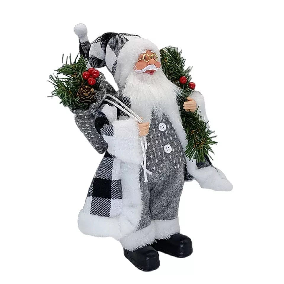 Figurina Decorativa Mos Craciun cu Crenguta de Brad, Ornament Craciun Stil Modern, Plastic si Textil, Interior si Exterior, 30 x 10 x 17 cm, Alb si Gri