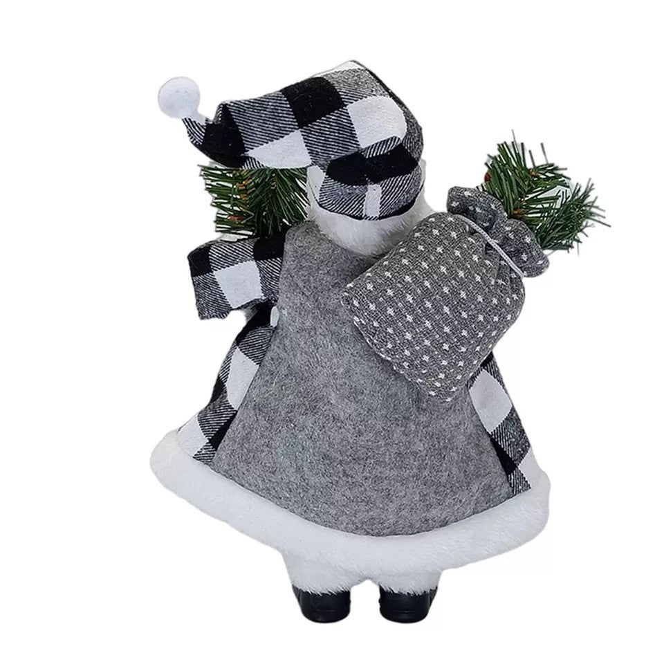 Figurina Decorativa Mos Craciun cu Crenguta de Brad, Ornament Craciun Stil Modern, Plastic si Textil, Interior si Exterior, 30 x 10 x 17 cm, Alb si Gri