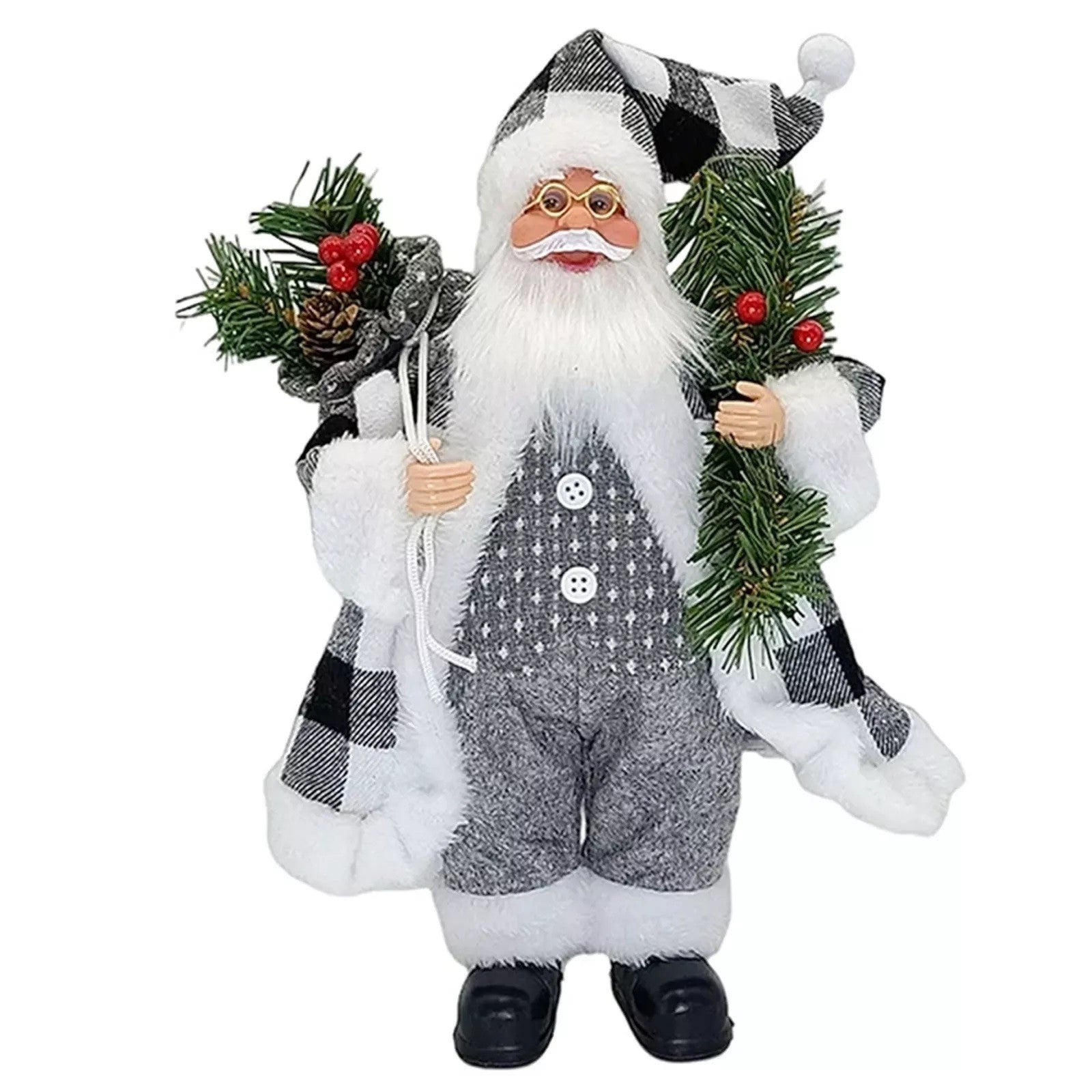 Figurina Decorativa Mos Craciun cu Crenguta de Brad, Ornament Craciun Stil Modern, Plastic si Textil, Interior si Exterior, 30 x 10 x 17 cm, Alb si Gri
