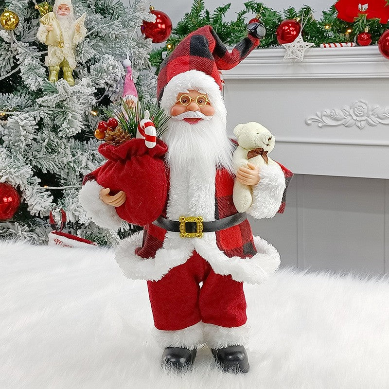 Figurină Decorativă Moș Crăciun cu Ursuleț de Pluș, Ornament Tradițional de Sărbători, Interior și Exterior, Plastic și Textil, 30 x 17 x 10 cm, Roșu și Alb