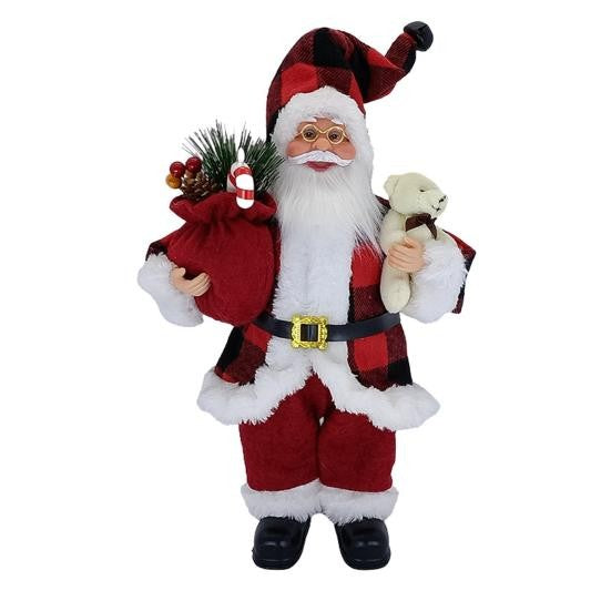 Figurină Decorativă Moș Crăciun cu Ursuleț de Pluș, Ornament Tradițional de Sărbători, Interior și Exterior, Plastic și Textil, 30 x 17 x 10 cm, Roșu și Alb