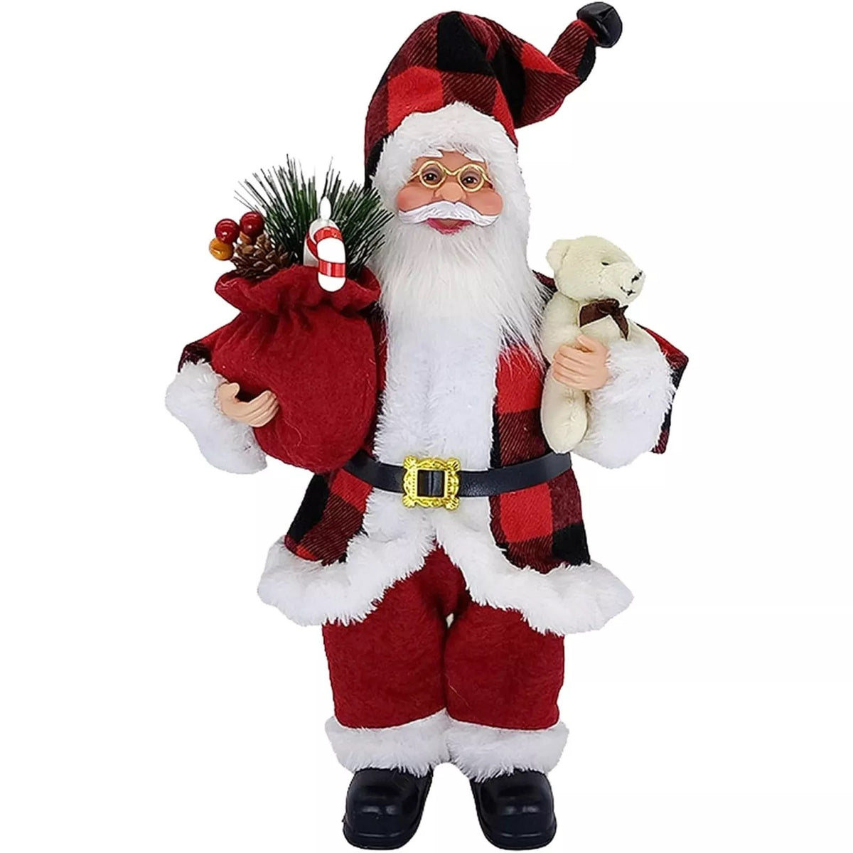 Figurină Decorativă Moș Crăciun cu Ursuleț de Pluș, Ornament Tradițional de Sărbători, Interior și Exterior, Plastic și Textil, 30 x 17 x 10 cm, Roșu și Alb