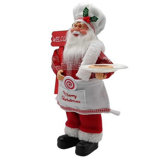 Figurină Decorativă Moș Crăciun Bucătar, Statuetă Festivă pentru Interior și Exterior, Material Plastic și Textil, 30 x 17 x 10 cm, Roșu și Alb