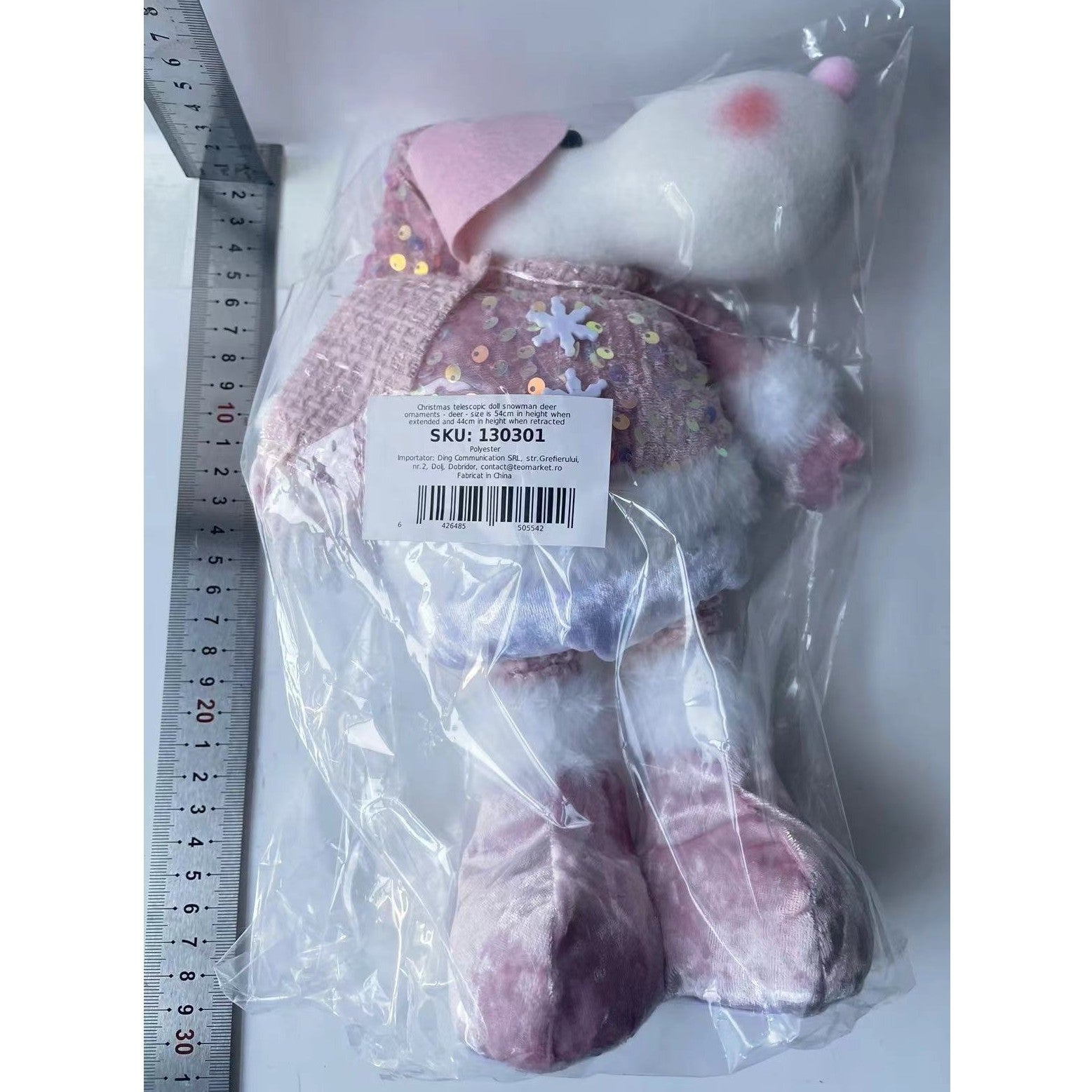Figurina Decorativa Craciun Ren, Picioare Telescopice Reglabile, Bluza cu Paiete Stralucitoare, Poliester, Inaltime 44-54 cm, Roz