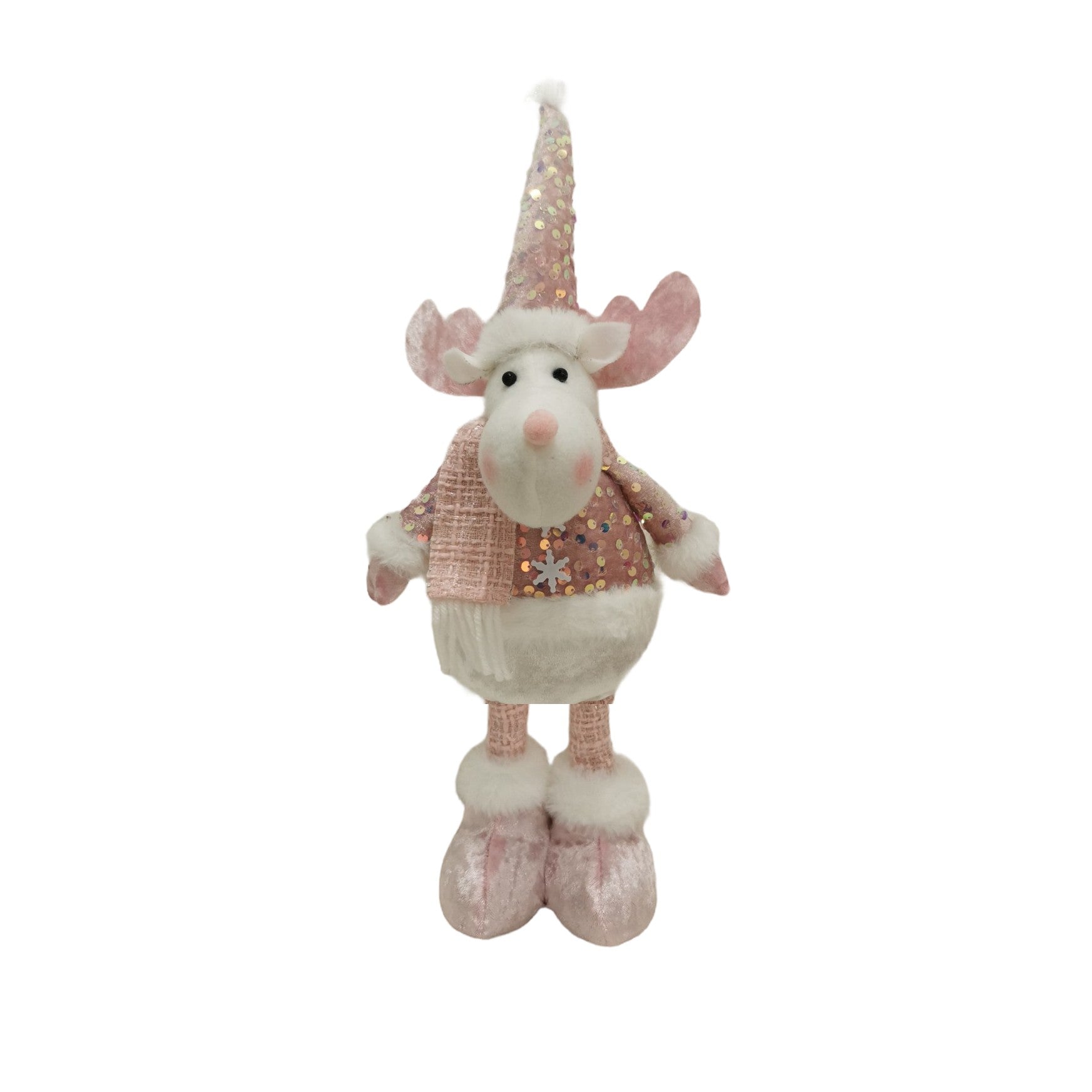 Figurina Decorativa Craciun Ren, Picioare Telescopice Reglabile, Bluza cu Paiete Stralucitoare, Poliester, Inaltime 44-54 cm, Roz