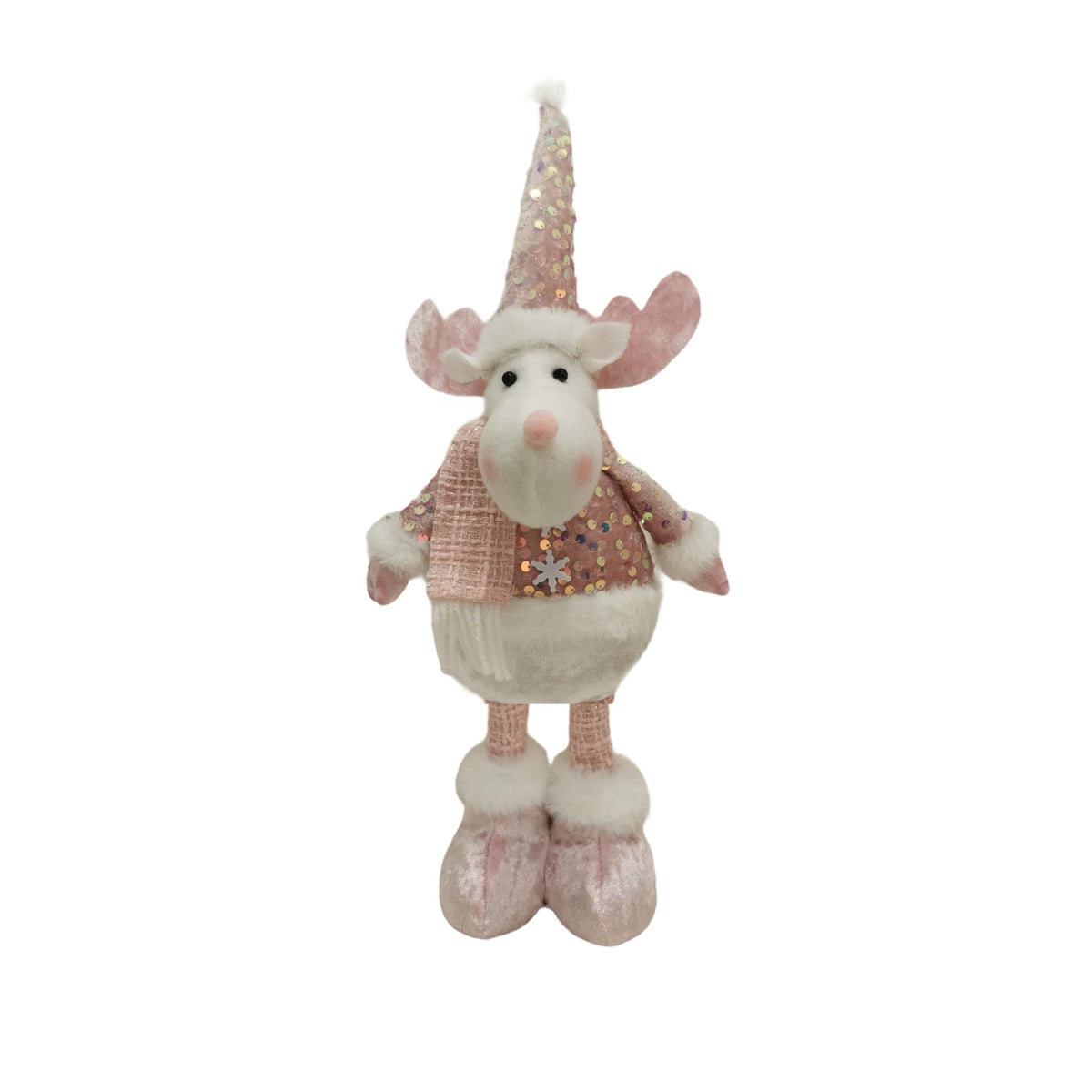 Figurina Decorativa Craciun Ren, Picioare Telescopice Reglabile, Bluza cu Paiete Stralucitoare, Poliester, Inaltime 44-54 cm, Roz
