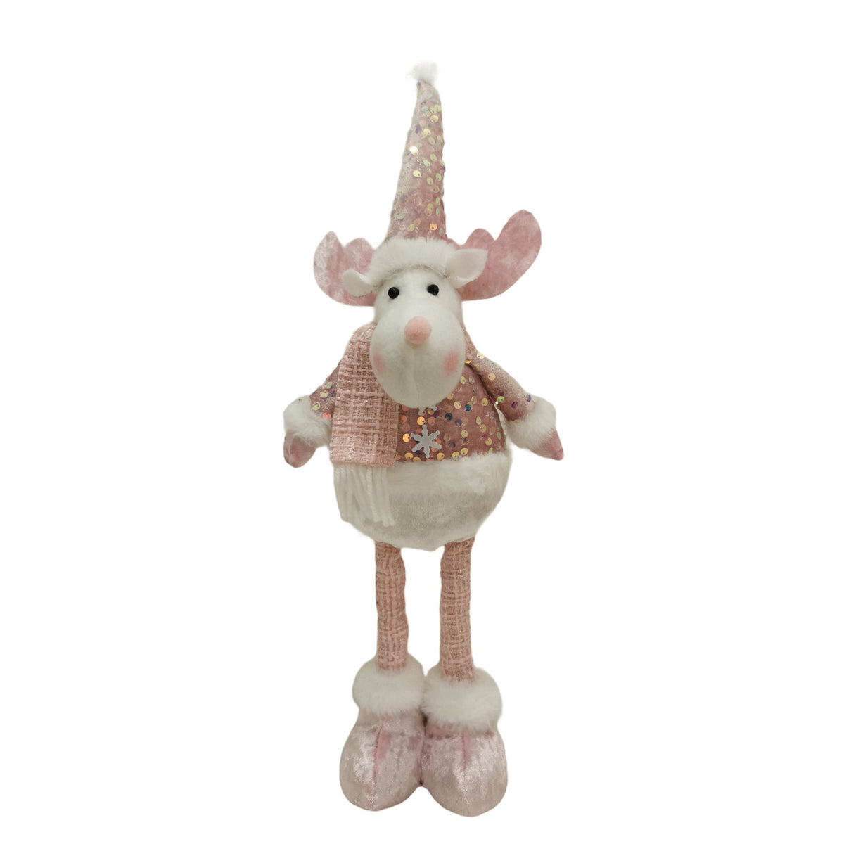 Figurina Decorativa Craciun Ren, Picioare Telescopice Reglabile, Bluza cu Paiete Stralucitoare, Poliester, Inaltime 44-54 cm, Roz