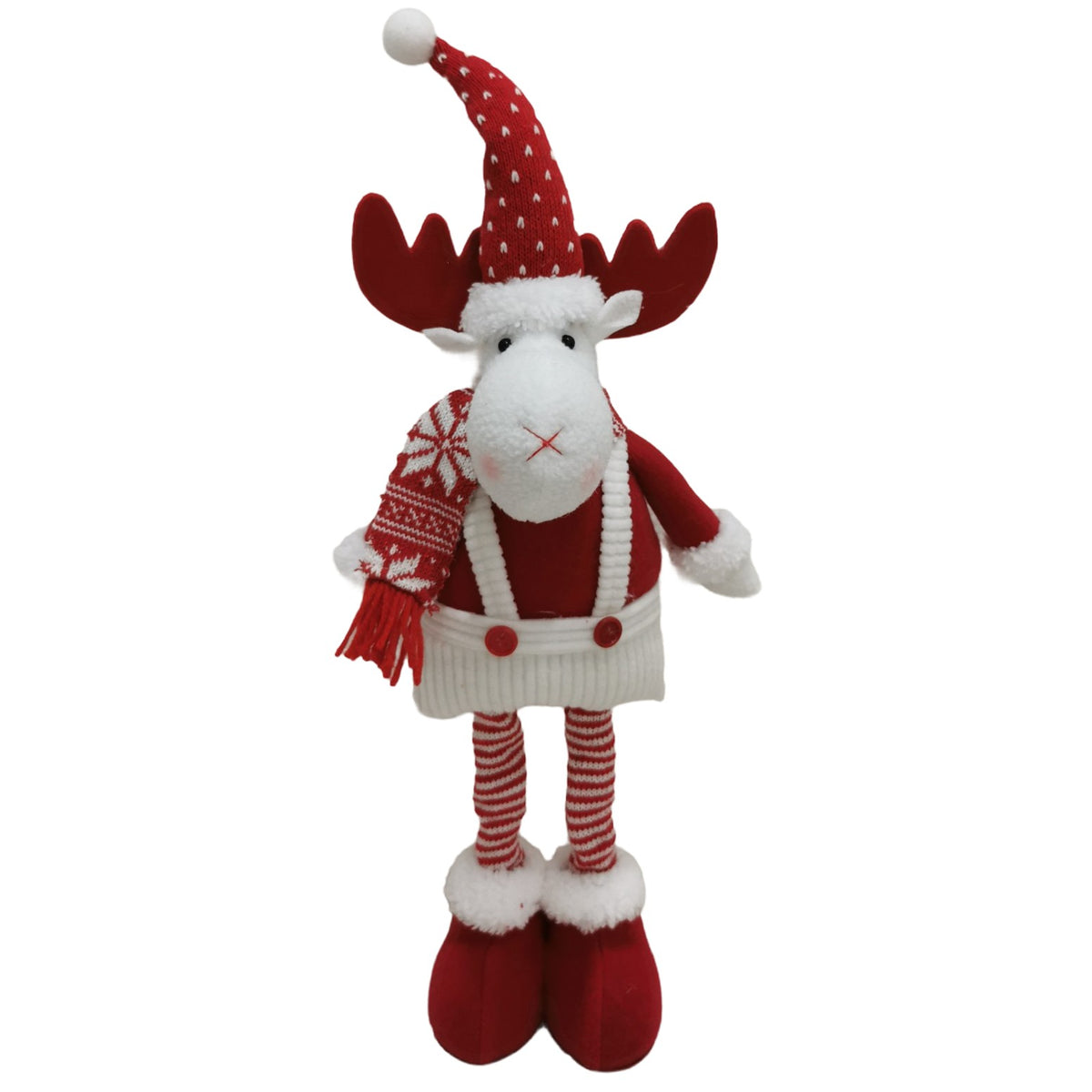 Figurină Decorativă Ren de Crăciun, Picioare Telescopice cu Înălțime Reglabilă, Poliester, Căciulă cu Inimioare, Alb/Roșu, 44-54 cm