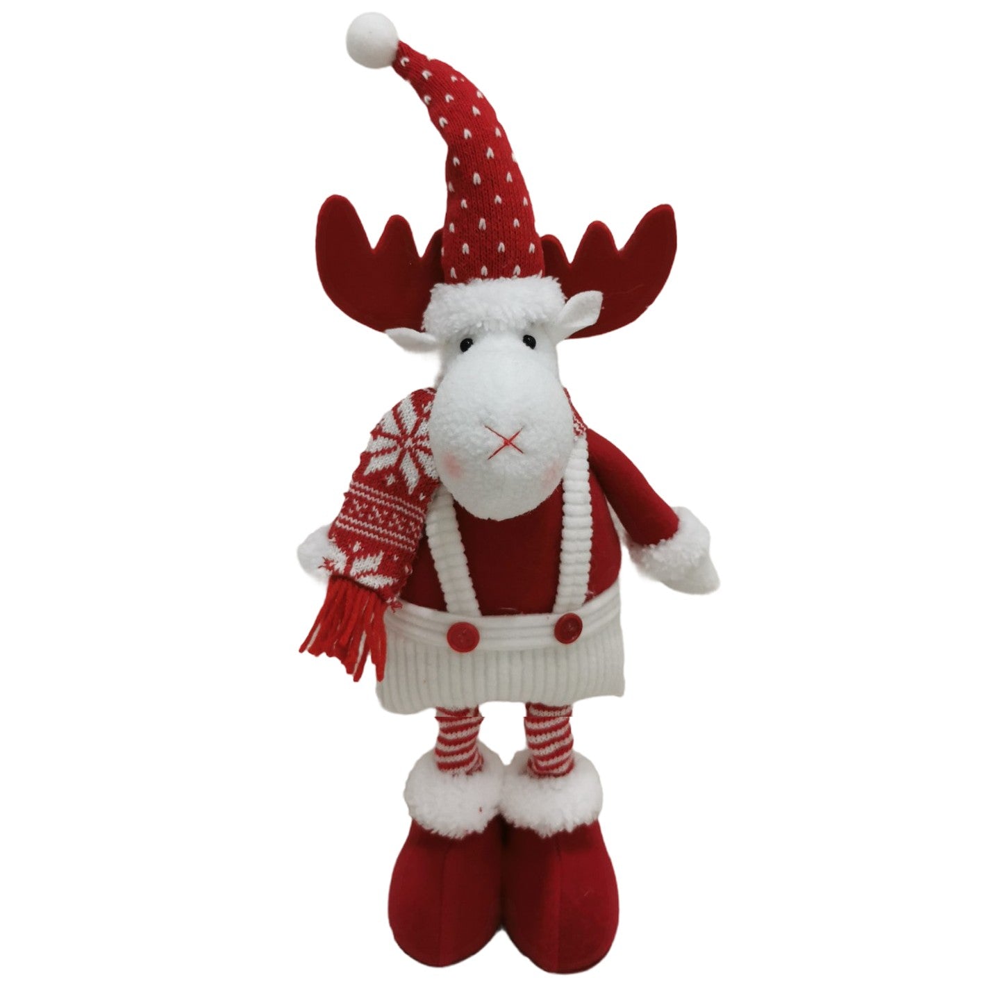 Figurină Decorativă Ren de Crăciun, Picioare Telescopice cu Înălțime Reglabilă, Poliester, Căciulă cu Inimioare, Alb/Roșu, 44-54 cm