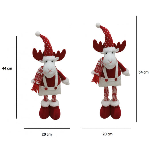 Figurină Decorativă Ren de Crăciun, Picioare Telescopice cu Înălțime Reglabilă, Poliester, Căciulă cu Inimioare, Alb/Roșu, 44-54 cm