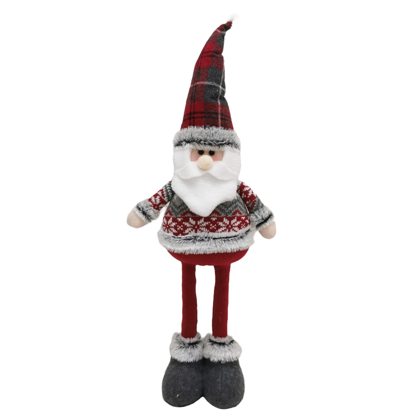 Figurina Decorativa Mos Craciun, Picioare Telescopice cu Inaltime Reglabila 44-54 cm, Poliester, Design Bluza cu Fulgi, Rosu/Gri/Multicolor