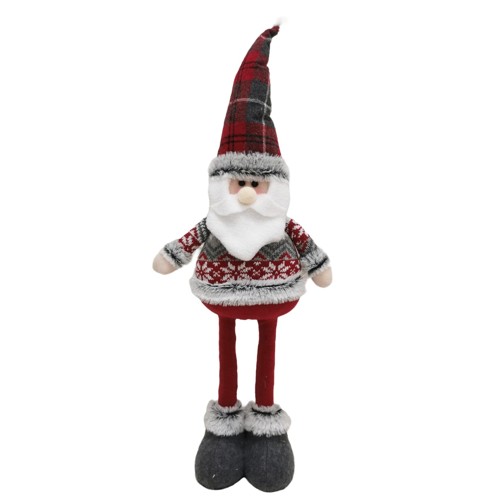 Figurina Decorativa Mos Craciun, Picioare Telescopice cu Inaltime Reglabila 44-54 cm, Poliester, Design Bluza cu Fulgi, Rosu/Gri/Multicolor
