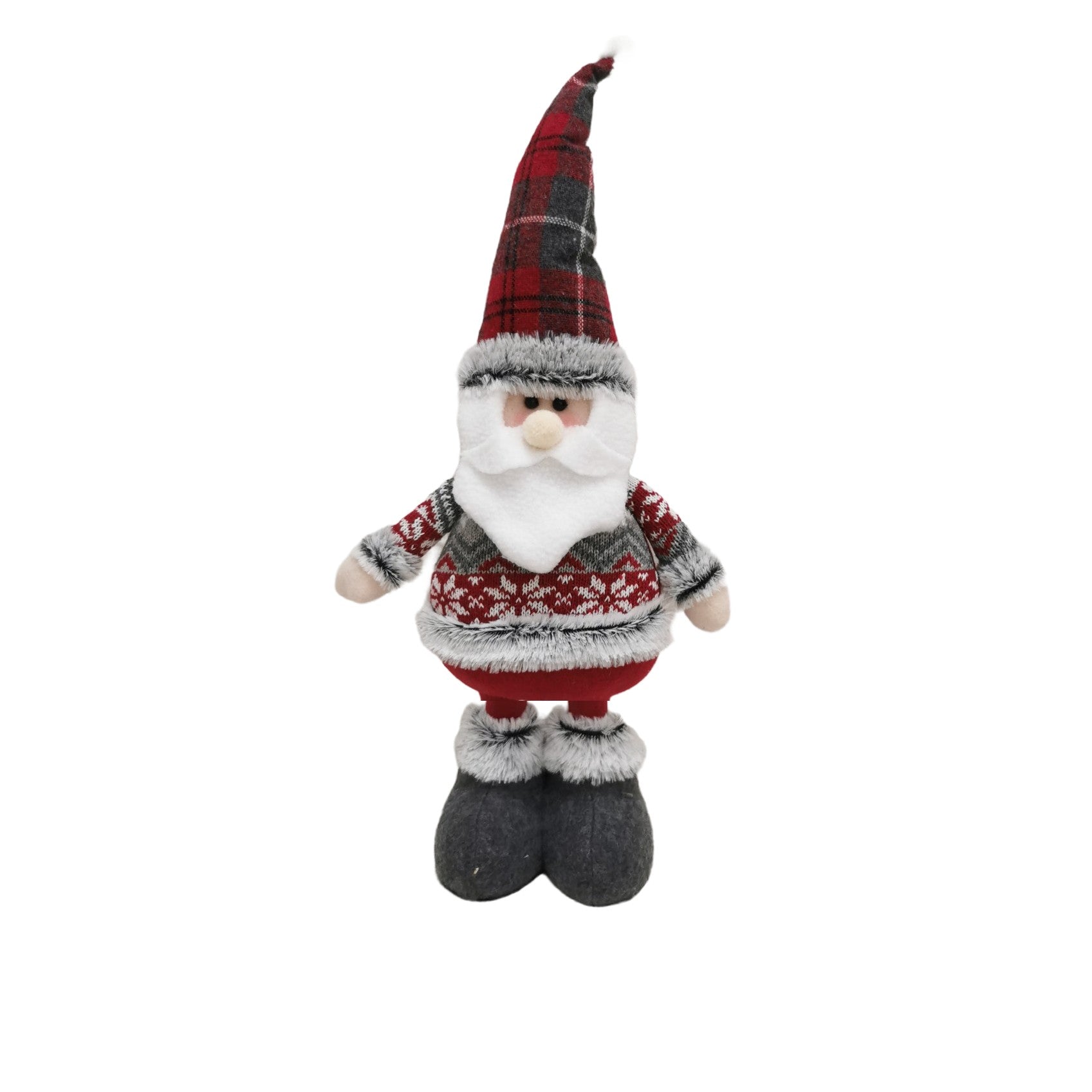 Figurina Decorativa Mos Craciun, Picioare Telescopice cu Inaltime Reglabila 44-54 cm, Poliester, Design Bluza cu Fulgi, Rosu/Gri/Multicolor