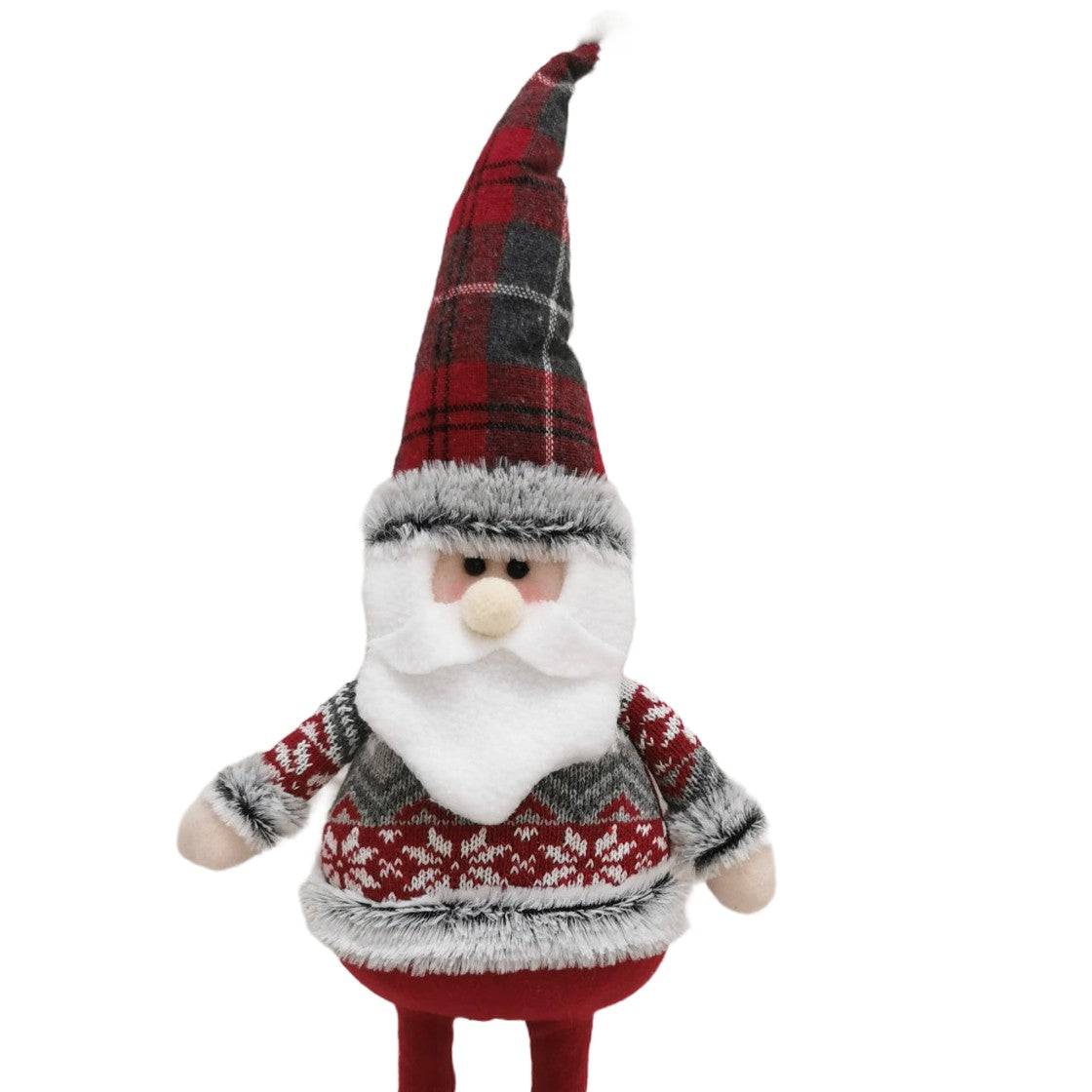 Figurina Decorativa Mos Craciun, Picioare Telescopice cu Inaltime Reglabila 44-54 cm, Poliester, Design Bluza cu Fulgi, Rosu/Gri/Multicolor