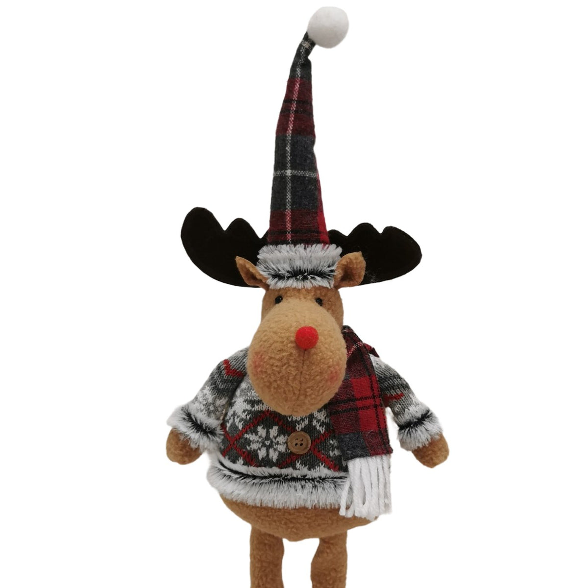 Figurina Decorativa de Craciun, Ren cu Picioare Telescopice si Inaltime Reglabila, Material Textil din Poliester, Bluza cu Model Fulgi, 44-54 cm, Rosu si Gri