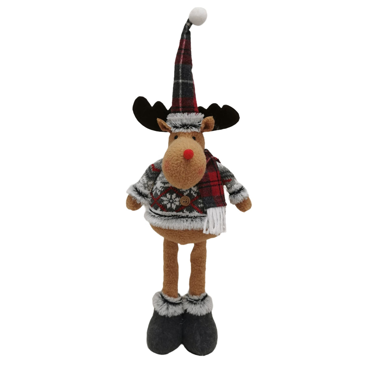 Figurina Decorativa de Craciun, Ren cu Picioare Telescopice si Inaltime Reglabila, Material Textil din Poliester, Bluza cu Model Fulgi, 44-54 cm, Rosu si Gri