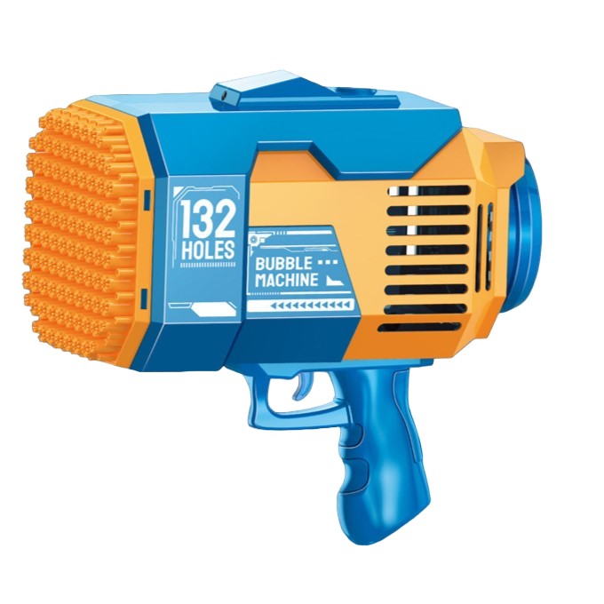 Pistol Pentru Baloane De Săpun, Automat Cu 132 Găuri Și Lumini Colorate, Plastic, Albastru, Set Cu 2 Lichide Și Baterie Li