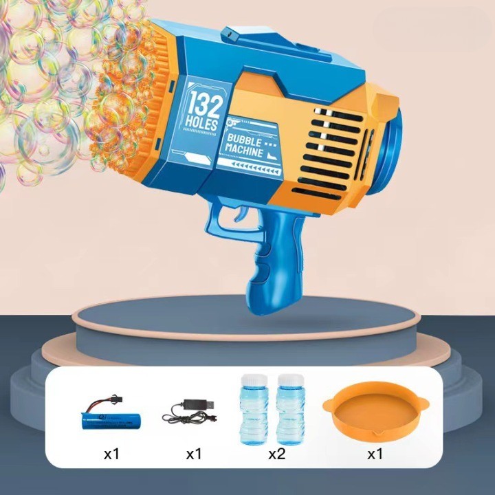Pistol Pentru Baloane De Săpun, Automat Cu 132 Găuri Și Lumini Colorate, Plastic, Albastru, Set Cu 2 Lichide Și Baterie Li