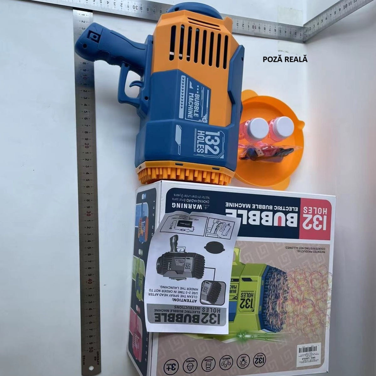 Pistol Pentru Baloane De Săpun, Automat Cu 132 Găuri Și Lumini Colorate, Plastic, Albastru, Set Cu 2 Lichide Și Baterie Li