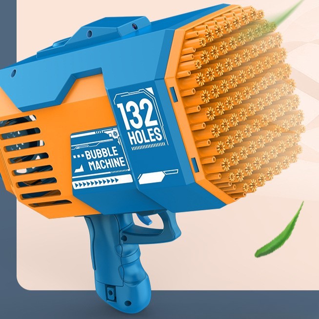 Pistol Pentru Baloane De Săpun, Automat Cu 132 Găuri Și Lumini Colorate, Plastic, Albastru, Set Cu 2 Lichide Și Baterie Li