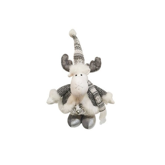 Figurina Decorativa Craciun, Ren cu Picioare Telescopice, Inaltime Reglabila, Pantaloni Luciosi, Poliester, 52-82 cm, Alb/Argintiu