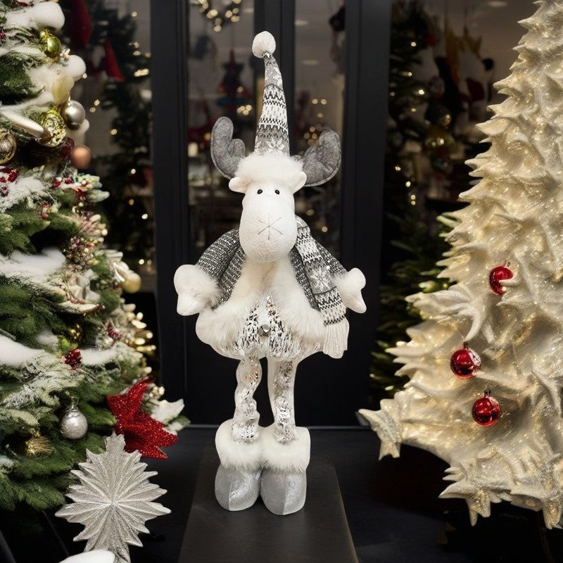 Figurina Decorativa Craciun, Ren cu Picioare Telescopice, Inaltime Reglabila, Pantaloni Luciosi, Poliester, 52-82 cm, Alb/Argintiu