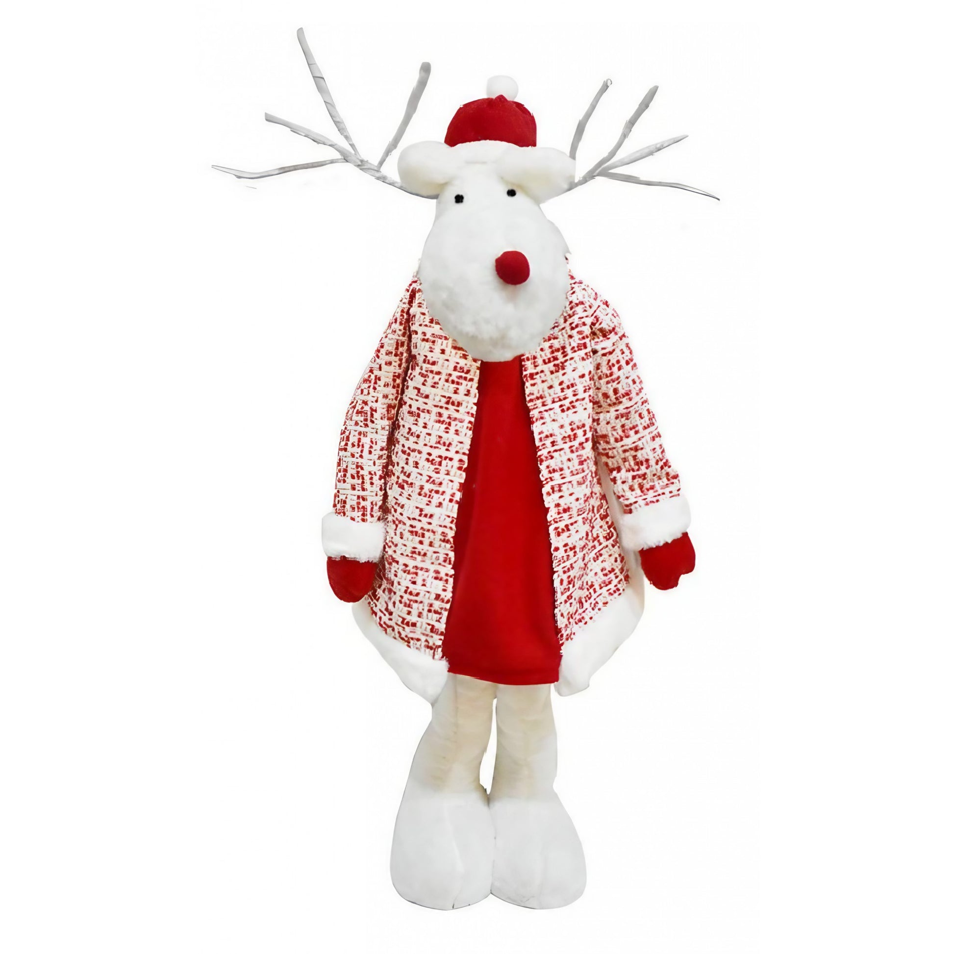 Figurina Decorativa Craciun, Ren cu Picioare Telescopice si Inaltime Reglabila, Textil din Poliester, Alb si Rosu, 42-80 cm