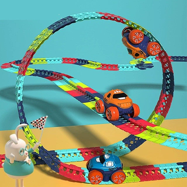 Jucarie de Constructie RollerCoaster, Traseu Interactiv cu Masinuta Electrica si Lumini, Set Educativ DIY din Plastic, 184 Piese, Multicolor, 44.5x36x7 cm