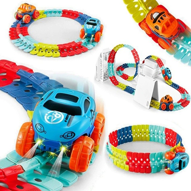 Jucarie de Constructie RollerCoaster, Traseu Interactiv cu Masinuta Electrica si Lumini, Set Educativ DIY din Plastic, 184 Piese, Multicolor, 44.5x36x7 cm