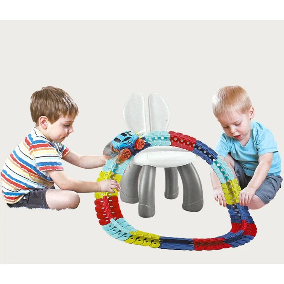 Jucarie de Constructie RollerCoaster, Traseu Interactiv cu Masinuta Electrica si Lumini, Set Educativ DIY din Plastic, 184 Piese, Multicolor, 44.5x36x7 cm