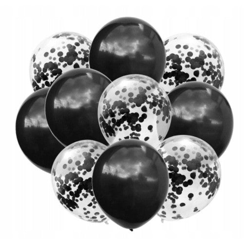 Set 10 Baloane Party din Latex, Model Mix cu Confetti, Ideale pentru Petreceri, Compatibile cu Aer sau Heliu, Biodegradabile, Negru si Transparent, 25 cm, 2.2 g