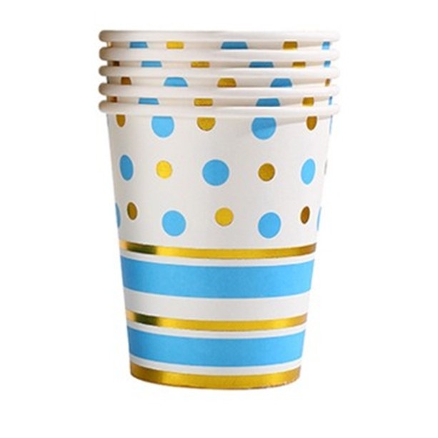 Set 10 Pahare de Unică Folosință pentru Petrecere, Design cu Buline și Dungi, Carton Reciclabil, 250 ml, Albastru și Auriu