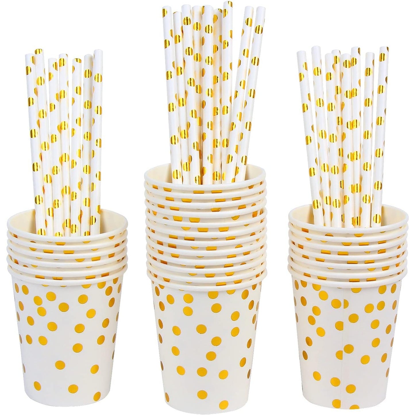 Set 10 Pahare de Unica Folosinta pentru Petreceri, Imprimeu cu Buline, Carton Reciclabil, 250 ml, Auriu
