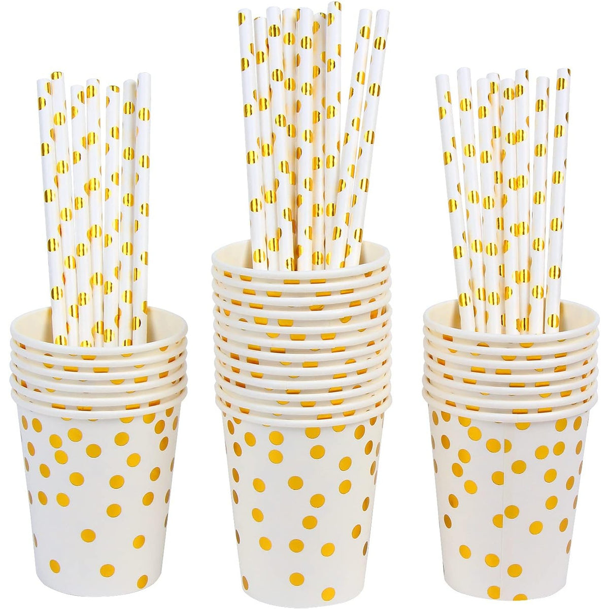 Set 10 Pahare de Unica Folosinta pentru Petreceri, Imprimeu cu Buline, Carton Reciclabil, 250 ml, Auriu