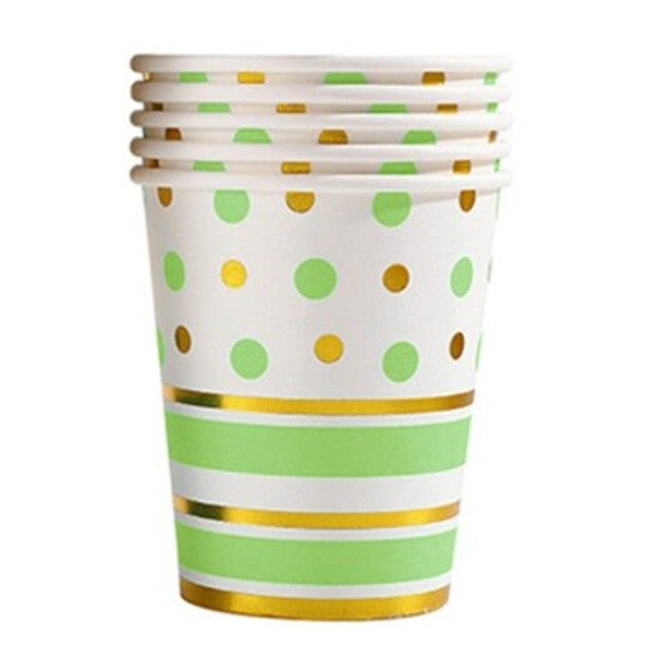Set 10 Pahare de Unică Folosință pentru Petrecere, Design cu Buline și Dungi, Material Carton Reciclabil, 250 ml, Verde/Auriu/Multicolor