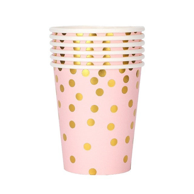 Set 10 Pahare de Unică Folosință pentru Petrecere, Imprimeu cu Buline, Carton Reciclabil, 250 ml, 7.5 x 8.5 x 5.2 cm, Roz/Auriu