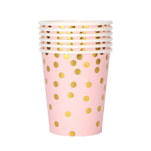 Set 10 Pahare de Unică Folosință pentru Petrecere, Imprimeu cu Buline, Carton Reciclabil, 250 ml, 7.5 x 8.5 x 5.2 cm, Roz/Auriu