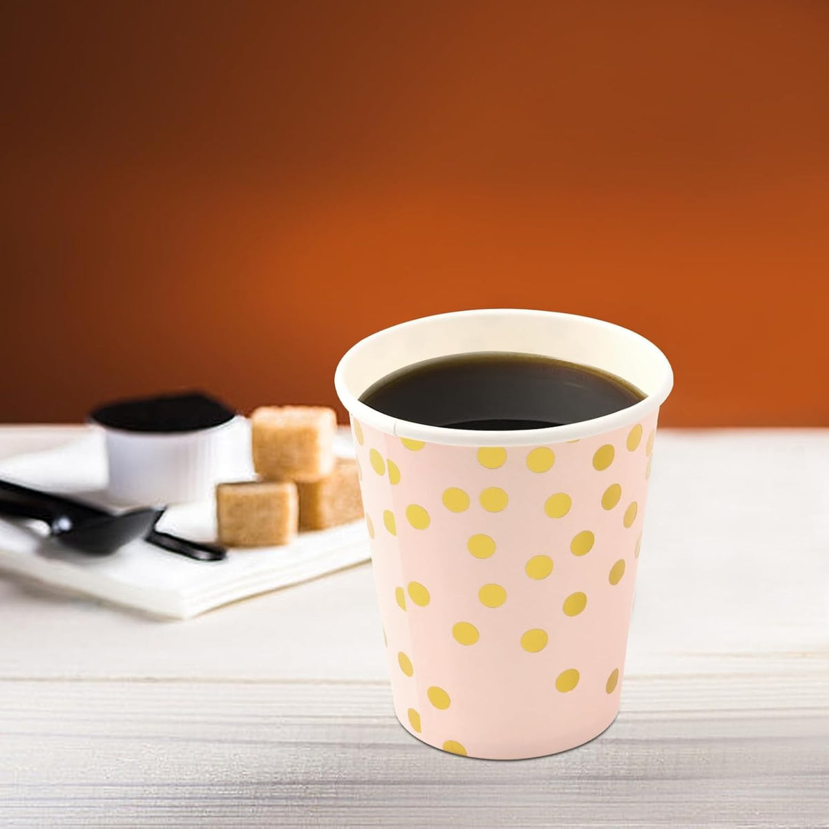 Set 10 Pahare de Unică Folosință pentru Petrecere, Imprimeu cu Buline, Carton Reciclabil, 250 ml, 7.5 x 8.5 x 5.2 cm, Roz/Auriu