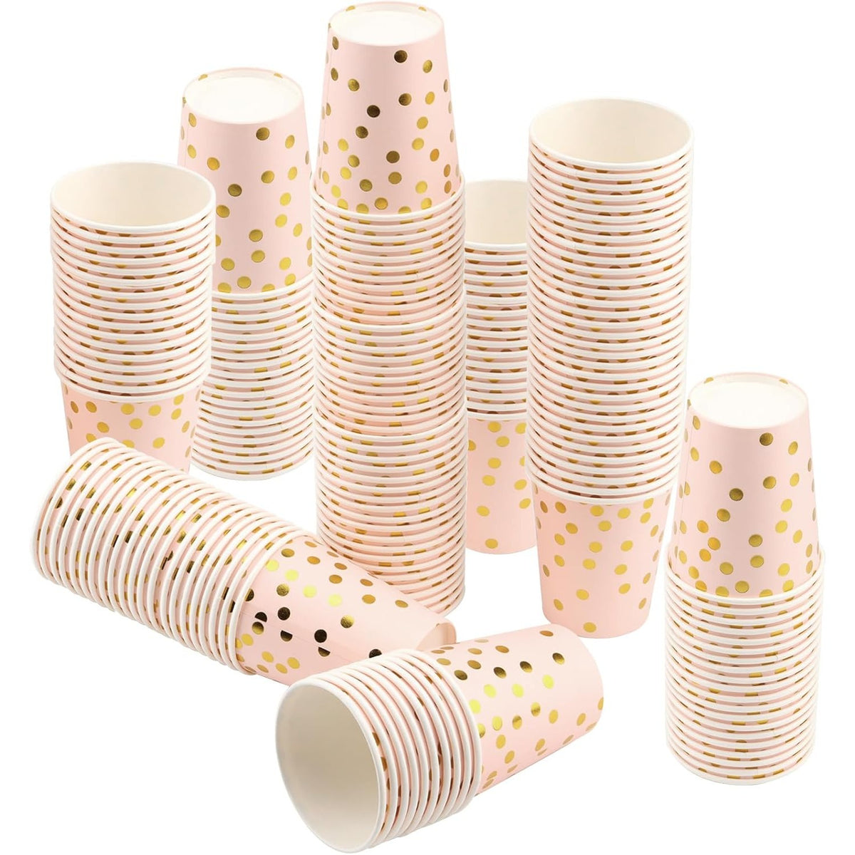 Set 10 Pahare de Unică Folosință pentru Petrecere, Imprimeu cu Buline, Carton Reciclabil, 250 ml, 7.5 x 8.5 x 5.2 cm, Roz/Auriu
