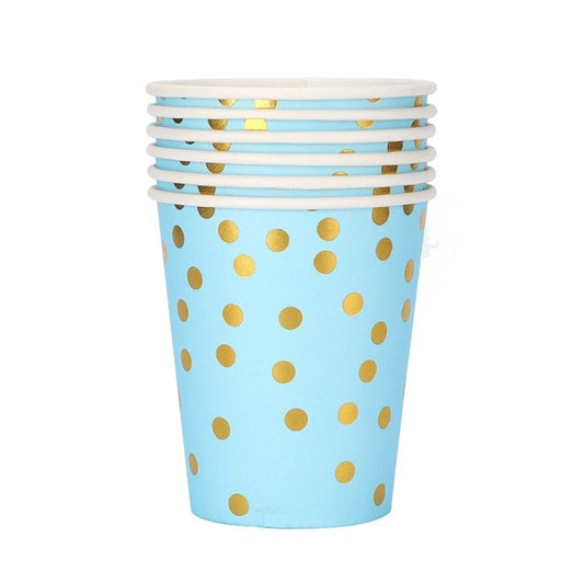 Set 10 Pahare Petrecere cu Imprimeu Buline, Pahare de Unică Folosință pentru Aniversări și Baby Shower, Carton Reciclabil, 250 ml, Albastru/Auriu