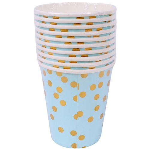 Set 10 Pahare Petrecere cu Imprimeu Buline, Pahare de Unică Folosință pentru Aniversări și Baby Shower, Carton Reciclabil, 250 ml, Albastru/Auriu