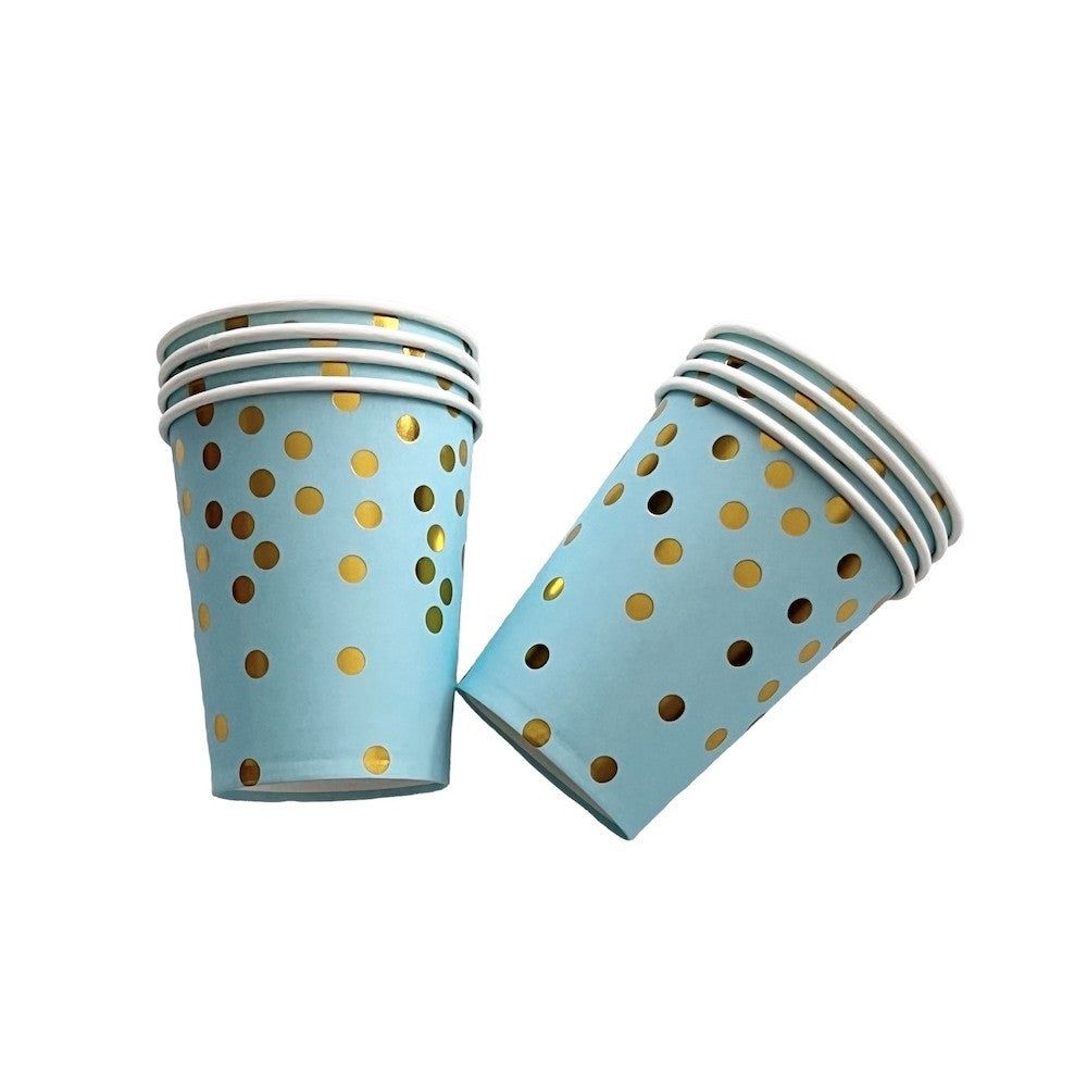 Set 10 Pahare Petrecere cu Imprimeu Buline, Pahare de Unică Folosință pentru Aniversări și Baby Shower, Carton Reciclabil, 250 ml, Albastru/Auriu