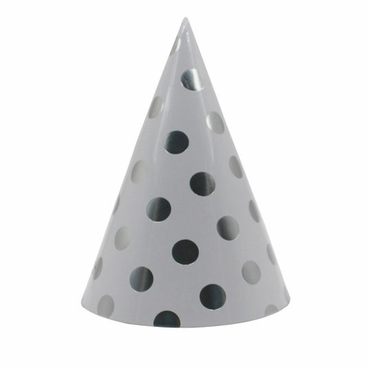 Set 6 Coifuri Petrecere Aniversare, Model Metalizat cu Buline si Elastic, Carton, 20 cm, Argintiu