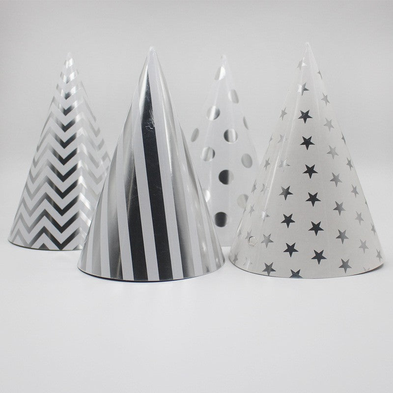 Set 6 Coifuri Petrecere Aniversare, Model Metalizat cu Buline si Elastic, Carton, 20 cm, Argintiu