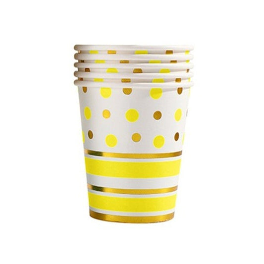 Set 10 Pahare Carton Unică Folosință, Imprimeu cu Buline și Dungi pentru Petreceri, Baby Shower și Aniversări, 250 ml, 7.5 x 8.5 cm, Galben/Auriu