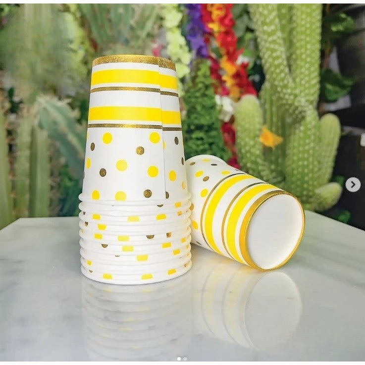Set 10 Pahare Carton Unică Folosință, Imprimeu cu Buline și Dungi pentru Petreceri, Baby Shower și Aniversări, 250 ml, 7.5 x 8.5 cm, Galben/Auriu
