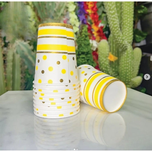 Set 10 Pahare Carton Unică Folosință, Imprimeu cu Buline și Dungi pentru Petreceri, Baby Shower și Aniversări, 250 ml, 7.5 x 8.5 cm, Galben/Auriu