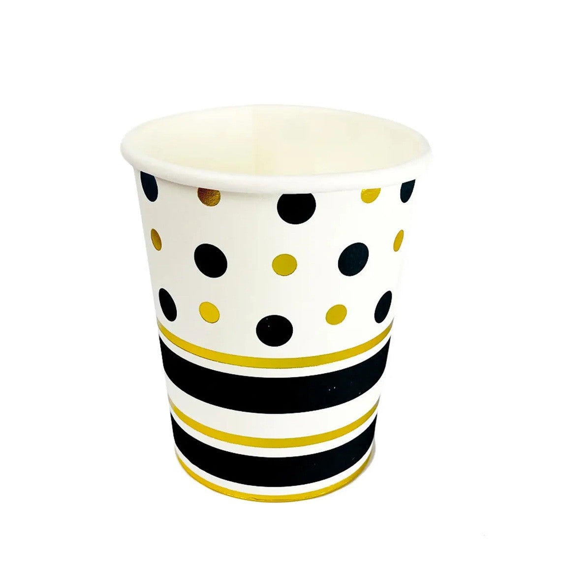 Set 10 Pahare Carton de Unică Folosință, Design Festiv cu Buline și Dungi, Reciclabil, 250 ml, 7.5 x 8.5 x 5.2 cm, Negru/Auriu