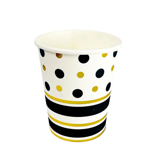 Set 10 Pahare Carton de Unică Folosință, Design Festiv cu Buline și Dungi, Reciclabil, 250 ml, 7.5 x 8.5 x 5.2 cm, Negru/Auriu
